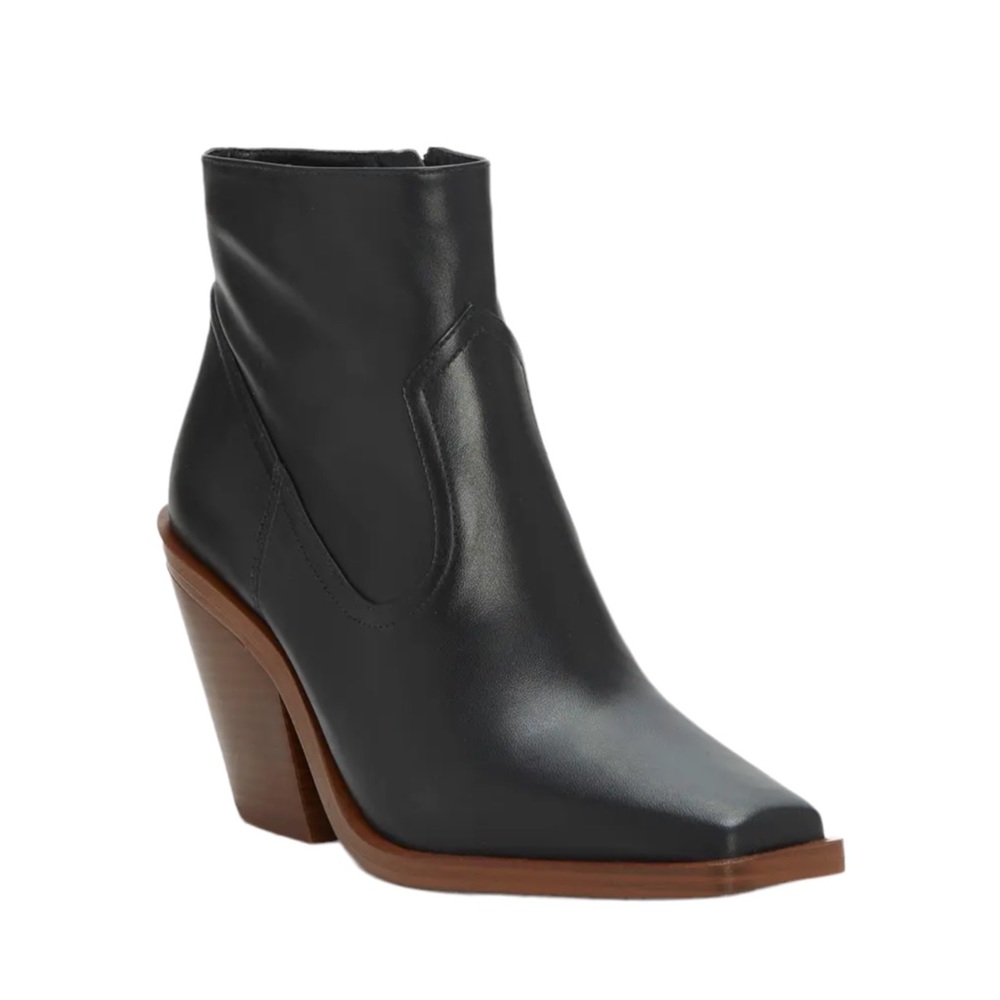 Vince Camuto Black Leather Ankle Booties with Brown Heel